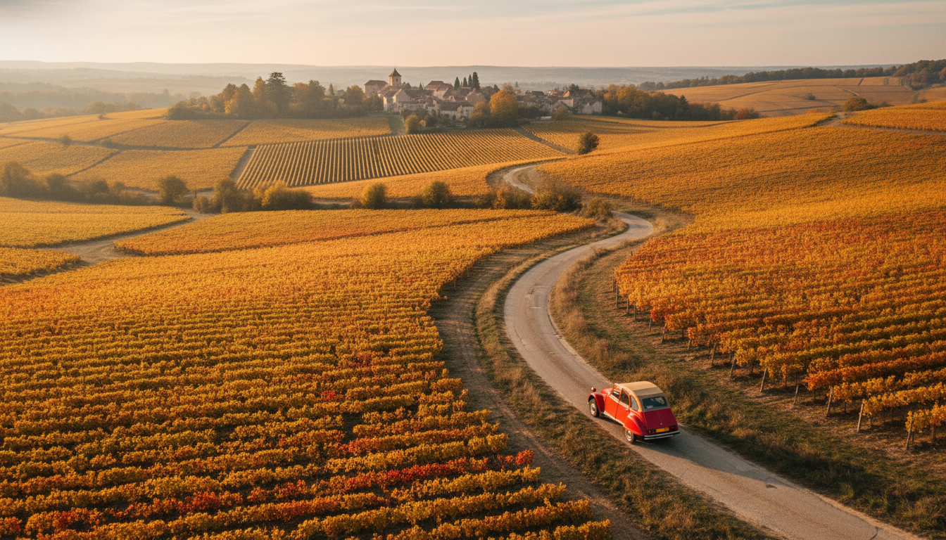 Convoi de 2CV sur route de campagne